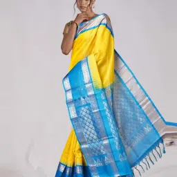 Unnati Silks Yellow & Blue Silk Woven Saree With Unstitched Blouse image 1