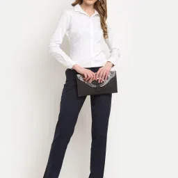 Crozo By Cantabil Navy Striped Flat Front Trousers image 4