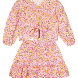 Budding Bees Kids Pink Floral Print Full Sleeves Top with Skirt image 1
