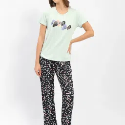 MADAME M Secret Black & Green Graphic Print T-Shirt With Pyjamas image 1