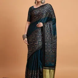 Saree Mall Teal blue Viscose Self Saree with Blouse Piece image 1
