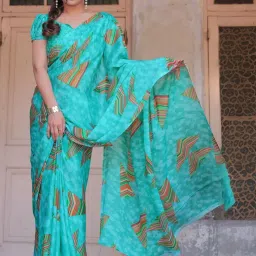MIRCHI FASHION Turquoise Printed Saree With Unstitched Blouse image 1
