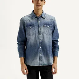 Levi's Blue Cotton Slim Fit Ombre Denim Shirt-image-100