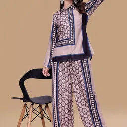 Peach Petals Printed Shirt Collar Neck Shirt With Relaxed-Fit Palazzos Co-Ords-picture-18