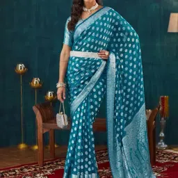Satrani Blue Georgette Woven Saree With Unstitched Blouse-picture-38