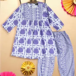 Bella Moda Kids Purple & White Printed Full Sleeves Kurti with Pants image 1
