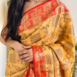 Blissta Yellow & Orange Woven Saree With Unstitched Blouse image 3
