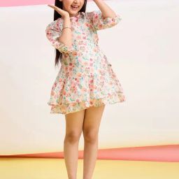 StyloBug Girls Cream Knee Length Printed Dress-picture-42