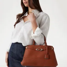 Guess Cognac Solid Silvye Luxury Satchel Bag-image-24