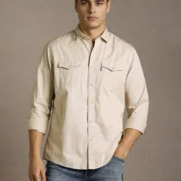 Louis Philippe Beige Cotton Slim Fit Shirt-image-71