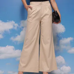 CORSICA Women Cotton Pleated Flared Wide Leg Trousers-image-25