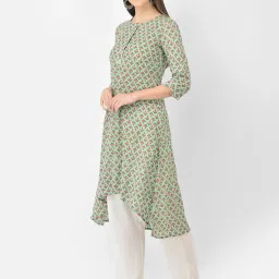 Span Green Cotton Printed A Line Kurta image 3