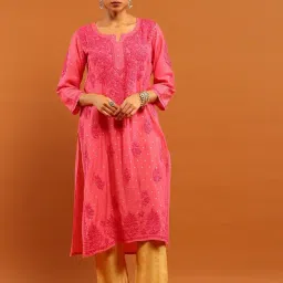 House Of Chikankari Pink Chanderi Regular Fit Kurta-image-64