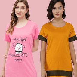 Christy World Women Pack Of 2 Graphic Printed Round Neck Long T-shirt-picture-9