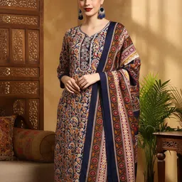 Varanga Ethnic Motifs Printed V-Neck Zari Work Straight Kurta With Trousers & Dupatta image 4