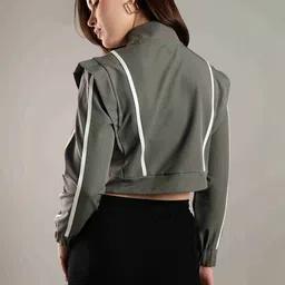 DOMIN8 Women Crop Jacket with Snap Button Closure & Elastic Drawstring Waist image 3