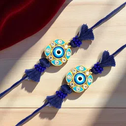 ADIVA Set Of 2 CZ Studded & Beaded Evil Eye Rakhis With Roli Chawal Chandan & Card-picture-38