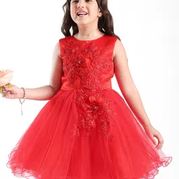 Mark & Mia Sleeveless Party Dress with Floral Corsage Motif & Pearl Detailing - Red-picture-12
