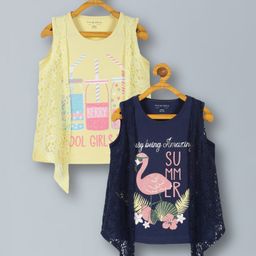 Plum Tree Pack Of 2 Sleeveless  Flamingo & Bottle  Printed Cotton Tops With Attached Shrug - Yellow And Blue-picture-9