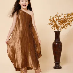 Piccolo Silk One Shoulder Accordion Pleated Kurta With Pant Set - Brown-picture-27