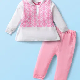 Babyhug Knitted Full Sleeves Collared Sweater Set with Design - Pink-picture-28