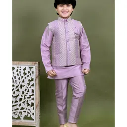 BT DEZINES Cotton Silk Full Sleeves Solid Kurta Pyjama With Threadwork Embroidered Sequins Embellished Jacket Set - Lilac-picture-16