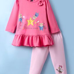 CUCUMBER Interlock Knit Full Sleeves Animal Printed Drop Waist Frock With Leggings - Dark Pink-picture-1