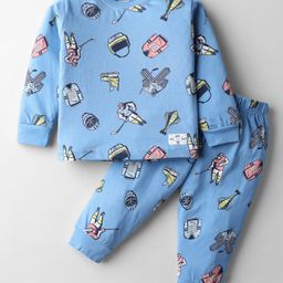 CUCUMBER Sinker Knit Full Sleeves Co-Ord Night Suit with Sports Print - Medium Sky Blue-picture-8