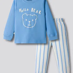 Bonfino 100% Cotton Knit Full Sleeves Nightsuit with Teddy & Stripes - Blue-image-87