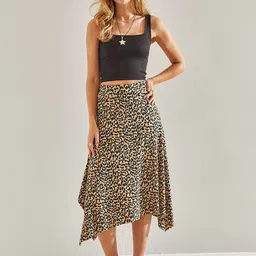 BIANCO LUCCI Animal Printed Asymmetric Flared Midi Skirts-picture-11
