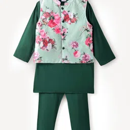 Babyhug Woven Full Sleeves Solid Color Kurta Pyjama Set with Floral Printed Nehru Jacket - Dark Green image 2