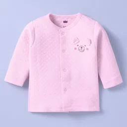 Simply Cotton Knit Full Sleeves Front Open Winter Night Suit With Bear Applique - Pink image 2
