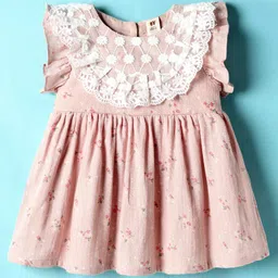 ToffyHouse Cotton Woven Frill Sleeves With Frock & Bloomer with Lace Detailing & Floral Print - Rose Gold image 2