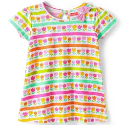 Babyhug Single Jersey Knit Half Sleeves Frock With Floral Print & Bow Applique Pack Of 2 - Pink & Yellow image 2