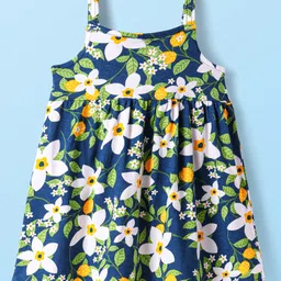Babyhug Single Jersey Knit Singlet Sleeves Frock with Floral Print - Navy Blue image 2