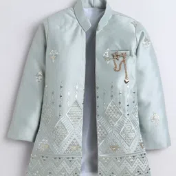 Fourfolds Woven Solid Sherwani Pant With Full Sleeves Geometric Embroidered & Sequins Embellished Jacket Set - Grey image 3