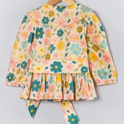 Hugsntugs Cotton Woven Full Sleeves Floral Printed Belted Top - Peach image 3