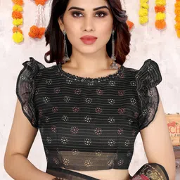 KALINI Red & Black Floral Zari Block Print Cotton Saree image 5