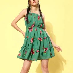Rare Green Floral Print A Line Dress-picture-34