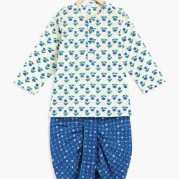 Campana Kids White & Blue Cotton Printed Full Sleeves Kurta & Dhoti image 1