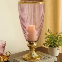 Pure Home and Living Pink & Gold Glass Ribbed Tall Candle Holder With Stand image 1