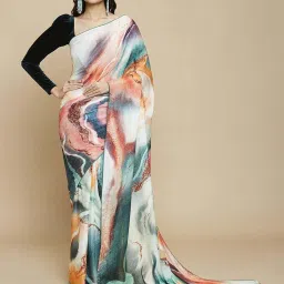 navyasa by liva Pink & Green Printed Saree With Unstitched Blouse image 1