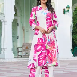 Kaftanize Yellow And Pink Bold Leaf Printed Relaxed Fit Straight Kurta And Pant Set image 1