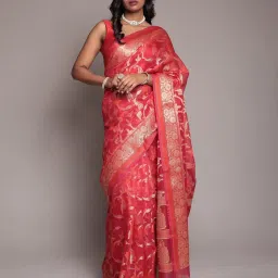 Zari Jaipur Red Cotton Woven Design Saare with Unstitched Blouse image 1