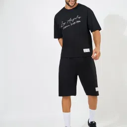 Styli Black Relaxed Fit Printed T-Shirt & Shorts Set image 1
