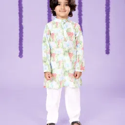 Kiddopanti Boys Green Cotton Printed Regular Fit Kurta Set image 1