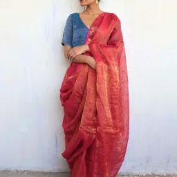 Chidiyaa Rani Pink Handwoven Linen Zari Saree image 1