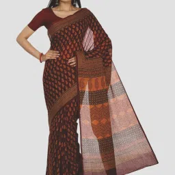 Kalakari India Maroon Cotton Printed Saree With Unstitched Blouse image 1
