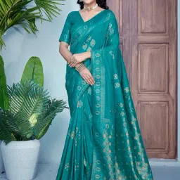 Satrani Teal Silk Woven Saree With Unstitched Blouse-image-12