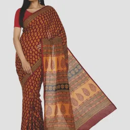 Kalakari India Maroon & Yellow Cotton Printed Saree With Unstitched Blouse image 1